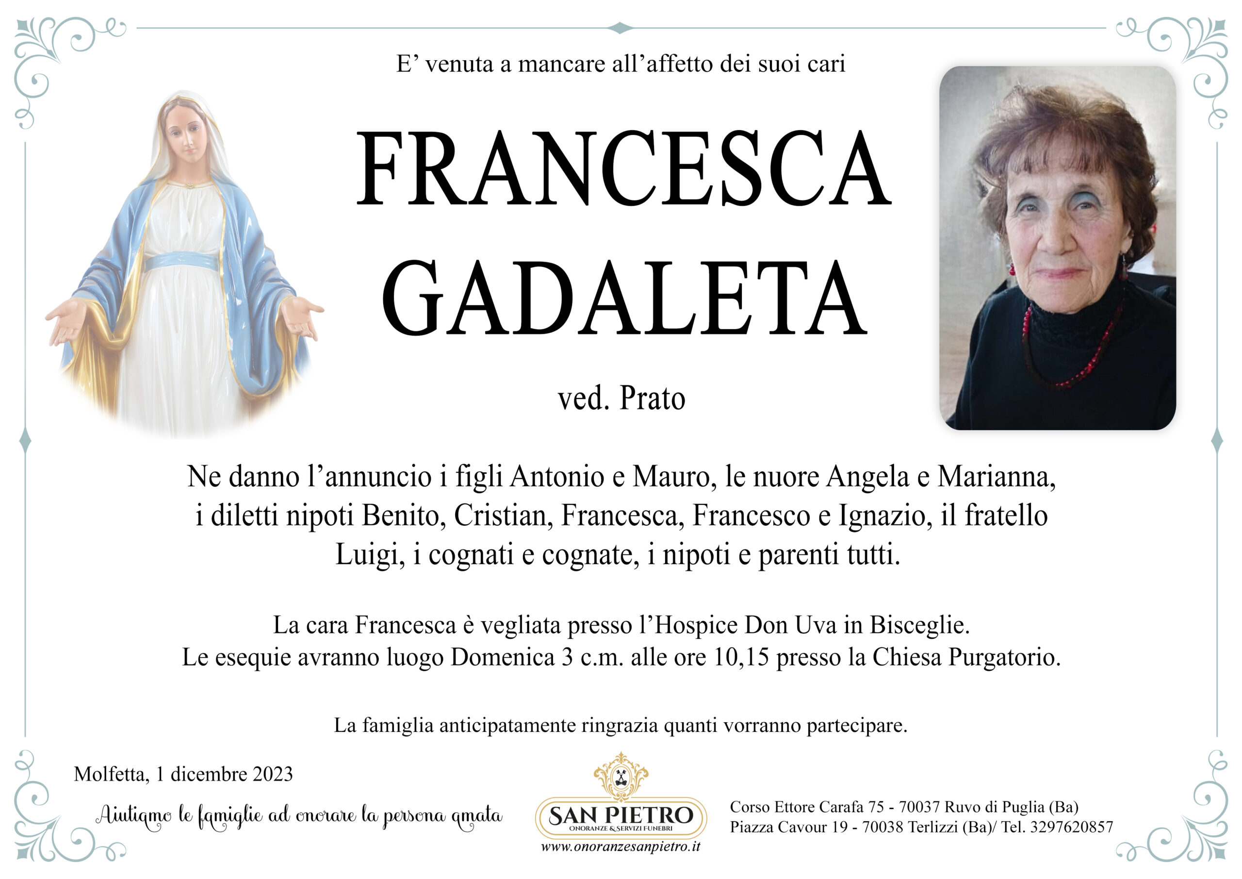 Francesca Gadaleta ved. Prato – Onoranze San Pietro – Servizi Funebri
